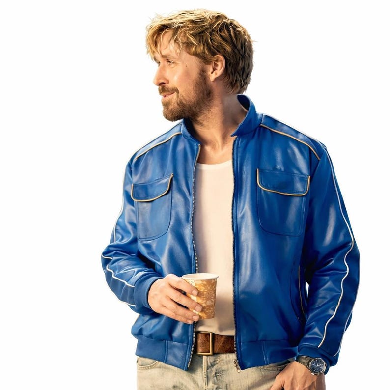 Blue Jacket Man Art Print, Cinematic Male Portrait, Modern Wall Decor, Stylish Coffee Lover Artwork, Christmas Gift, Halloween Aesthetic Poster