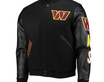 Herren Washington Kommandanten Varsity Jacke | Schwarze Letterman Bomberjacke aus Wolle & Leder | Fußball Fan Geschenk | Spieltag Kleidung | Personalisierbar