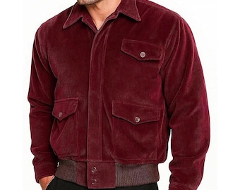 Męska bordowa kurtka sztruksowa | Płaszcz w stylu vintage zapinany na guziki, jesienno-zimowy strój | Prezent świąteczny, moda na Halloween, kurtka sztruksowa Torrance