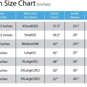 May include: A white chart titled "Women Size Chart (inches)" with size measurements. The chart includes bust size, jacket chest, sleeves, and shoulder measurements in inches for sizes XS to 3XL.