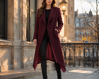 Bordeauxrode lange wollen jas voor dames, elegante asymmetrische winterjas, gotische trenchcoat, wijnrode lange jas, getailleerde formele overjas, cadeau