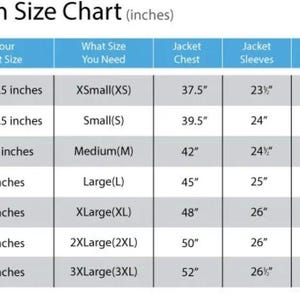 May include: A white chart titled "Women Size Chart (inches)" with size measurements. It includes bust size, jacket chest, sleeves, and shoulder measurements in inches for sizes XS to 3XL. The chart is designed to help customers find the right jacket size.