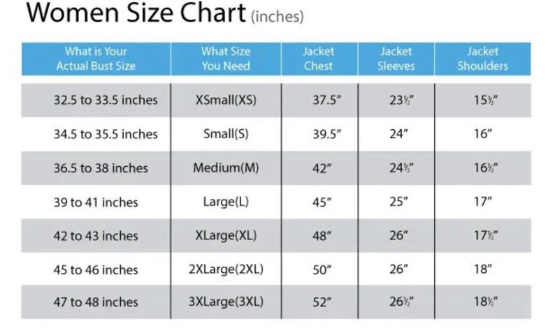 May include: A white chart titled "Women Size Chart (inches)" with size measurements. It includes bust size, jacket chest, sleeves, and shoulder measurements in inches for sizes XS to 3XL. The chart is designed to help customers find the right jacket size.