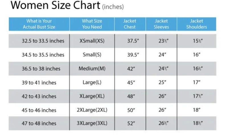 K&ouml;nnte beinhalten: Eine wei&szlig;e Tabelle mit der &Uuml;berschrift "Women Size Chart (inches)" mit Gr&ouml;&szlig;enangaben. Die Tabelle enth&auml;lt Brustumfang, Jackenbrust, &Auml;rmel- und Schulterma&szlig;e in Zoll f&uuml;r die Gr&ouml;&szlig;en XS bis 3XL.