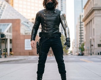 Kostium cosplay Zimowego Żołnierza, skórzana kurtka Bucky'ego Barnesa, metalowy rekwizyt bioniczny, strój superbohatera na Halloween, Comic Con