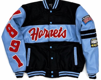 Chaqueta universitaria Delaware State Hornets 1891 / Abrigo bomber estilo Letterman de HBCU / Ropa urbana universitaria de lana y cuero azul / Chaqueta DSU de estilo vintage