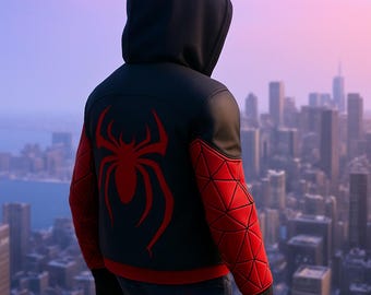 Miles Morales Spider-Man Jacke - Schwarzer und Roter Hoodie, Spider-Verse Cosplay Kostüm, Superhelden Lederjacke für Fans