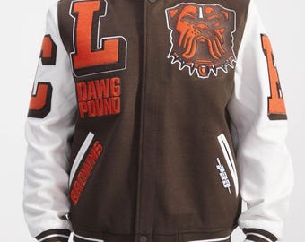 Dawg Pound Varsity Jacke | Cleveland Football Letterman Mantel | Braun & Orange Game Day Zahnrad | Tailgate Geschenk für Ihn | Fan Weihnachtsgeschenk