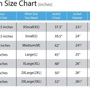 May include: A white chart titled "Women Size Chart (inches)" with size measurements. The chart includes bust size, jacket chest, sleeves, and shoulder measurements in inches for sizes XS to 3XL.