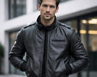 Herren Schwarz Leder Bomberjacke, Leder Bomberjacke Benutzerdefiniertes Logo Schwarz Echtes Rindsleder Motorradjacke, Classic Cafe Racer Jacke