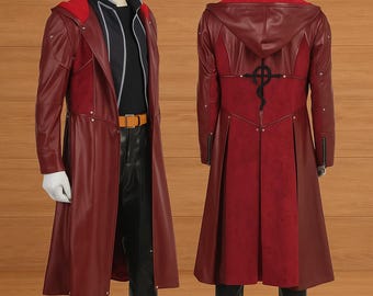Edward Elric Style Kunstleder Trenchcoat | Anime Cosplay Outfit Rot Lange Kapuzenmantel Cosplay Style Jacke • Weihnachtsgeschenk Idee Halloween