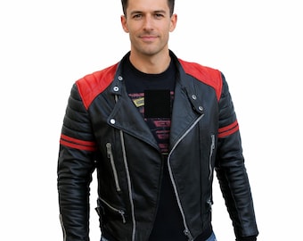 Męska kurtka skórzana Cafe Racer w kolorze czarno-czerwonym – styl motocyklowy – odważny wygląd w stylu streetwearowym na Halloween lub prezent świąteczny