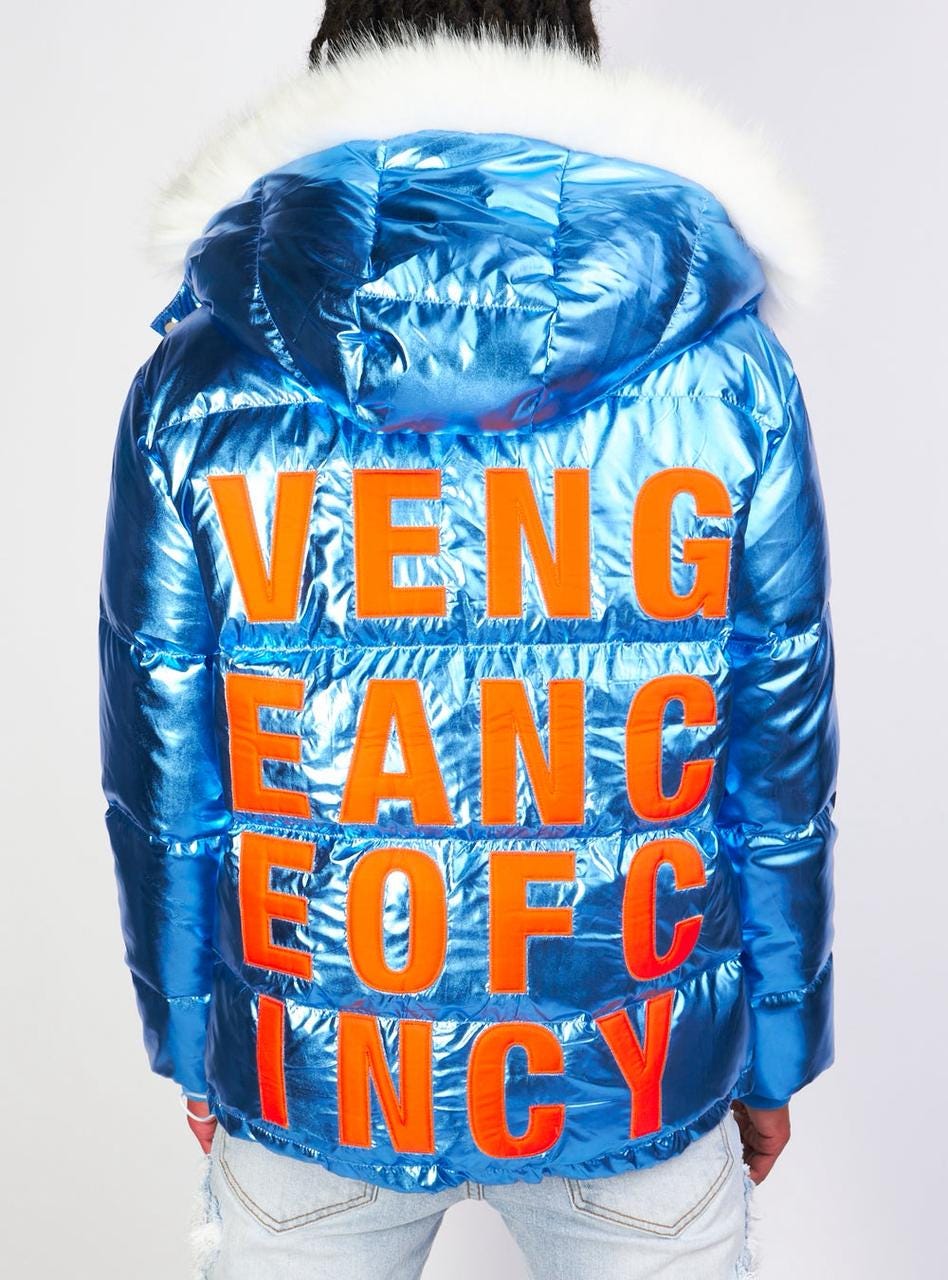 King Von メタリックブルー パファージャケット ファーフード付き 光沢 