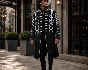 Gotische leren trenchcoat voor heren, lange zwarte gotische jas, punkrock paradejas, Vergil Devil May Cry 5 cosplaykostuum voor Halloween