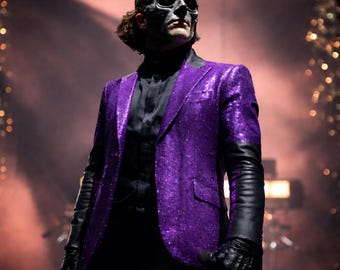 Blazer morado con lentejuelas, blazer para disfraz de rock gótico, parche personalizado de Papa Emérito Fantasma, disfraz punk, concierto, Halloween, Rito Fantasma, Papa V, blazer de regalo