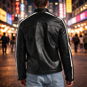 Handmade Men's Black Leather Biker Jacket with White Stripes | Retro Cafe Racer Motorcycle Jacket | Gift for Him | Halloween Cosplay & Christmas Gift