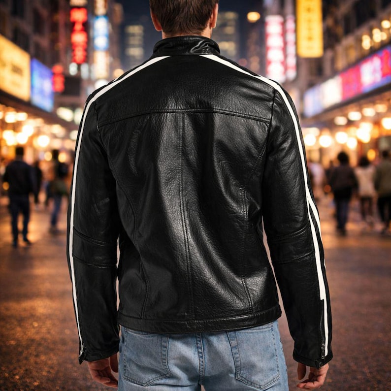 Handmade Men's Black Leather Biker Jacket with White Stripes | Retro Cafe Racer Motorcycle Jacket | Gift for Him | Halloween Cosplay & Christmas Gift