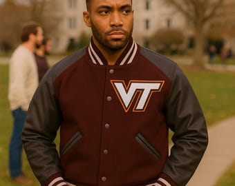 VT Letterman Jacke | Vintage Virginia Tech Varsity Wolljacke Maroon College Bomberjacke | Unisex Retro Nickelfrei Oberbekleidung Maverick Halloween Geschenk