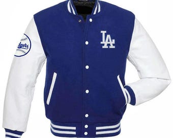Kurtka baseballowa LA Blue & White Varsity, kurtka bomberka, kurtka streetwear, spersonalizowany prezent dla niego/niej w stylu vintage z napisem Letterman