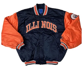 Kurtka Starter w stylu vintage z lat 90. | Kurtka puchowa Illinois Fighting Illini | Granatowo-pomarańczowa kurtka bomberka w stylu college'u w stylu retro NCAA Streetwear z satyny