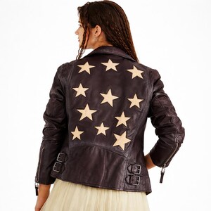 Women's Black Leather Star Embossed Leather Jacket | Motorcycle Jacket | Cafe Racer Jacket | Star Jacket | Black Leather Jacket Gift for Her