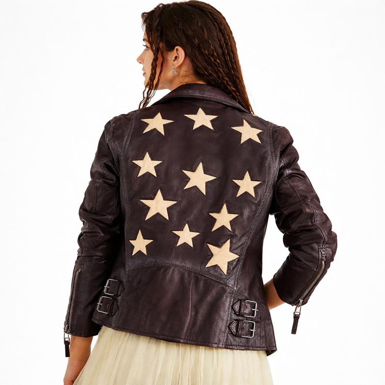 Women's Black Leather Star Embossed Leather Jacket | Motorcycle Jacket | Cafe Racer Jacket | Star Jacket | Black Leather Jacket Gift for Her