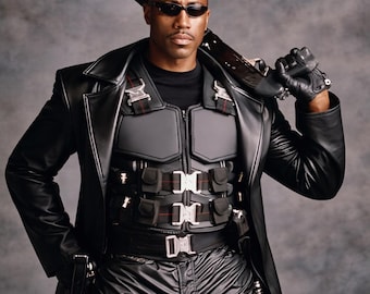 Blade Cosplay Costume Wesley Snipes Vampire Hunter Black Leather Vest & Trench Coat - Halloween Costume Men Vest, Christmas Gift for Him