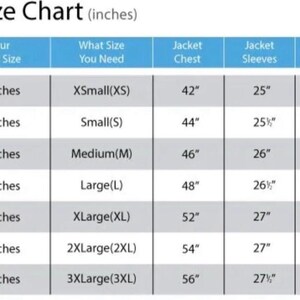May include: A size chart for men's jackets, with measurements in inches. The chart includes chest size, jacket size, jacket chest, jacket sleeves, and jacket shoulders. Sizes range from XSmall to 3XLarge.