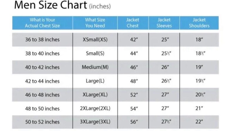 May include: A size chart for men's jackets, with measurements in inches. The chart includes chest size, jacket size, jacket chest, jacket sleeves, and jacket shoulders. Sizes range from XSmall to 3XLarge.