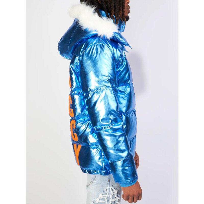 King Von メタリックブルー パファージャケット ファーフード付き 光沢 