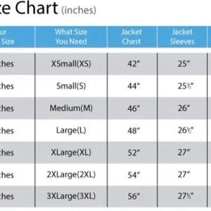May include: A men's size chart in inches, with columns for chest size, jacket size, chest, sleeves, and shoulders. Sizes range from XSmall to 3XLarge, with chest sizes from 36 to 52 inches.