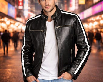 Handgefertigte schwarze Leder Bikerjacke für Herren mit weißen Streifen | Retro Cafe Racer Motorradjacken | Geschenk für Ihn | Halloween-Cosplay