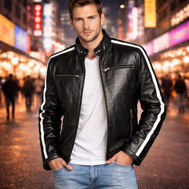 Men’s Black Leather Jacket – Classic Biker Style Motorcycle Jacket – Winter Streetwear Coat – Christmas & Halloween Gift for Him