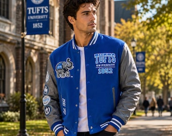 Tufts University Varsity Jacket, Blue Letterman Bomber, Embroidered Elephant Mascot, Unisex College Apparel