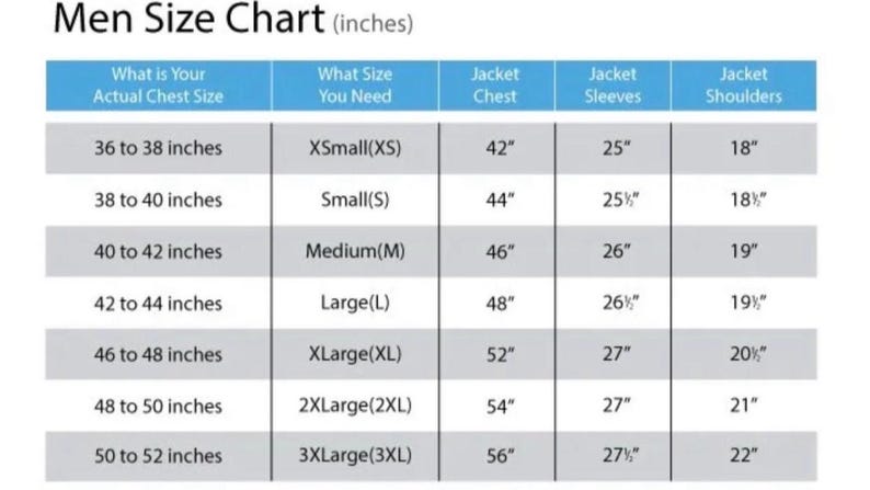 May include: A men's size chart in inches, with columns for chest size, jacket size, chest, sleeves, and shoulders. Sizes range from XSmall to 3XLarge, with chest sizes from 36 to 52 inches.