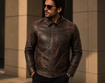 Men Distressed Brown Leather Jacket Vintage Cafe Racer Jacket Genuine Leather Motorcycle Coat Retro Biker Gift for Men Handmade Gift for Him