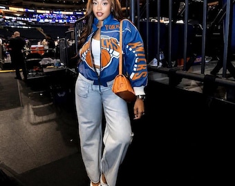 Custom New York Basketball Bomber Jacket, Vintage Knicks Streetwear Leather Jacket, NY Blue and Orange Sports Jacket, Courtside Outfit Gift