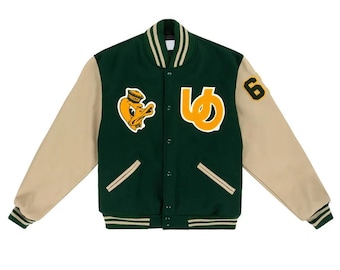 1967 Universität von Oregon Varsity Jacke | Grüne Retro-Letterman-Stil Wollbomber | Unisex College Streetwear Geschenk | Halloween-Kostüm