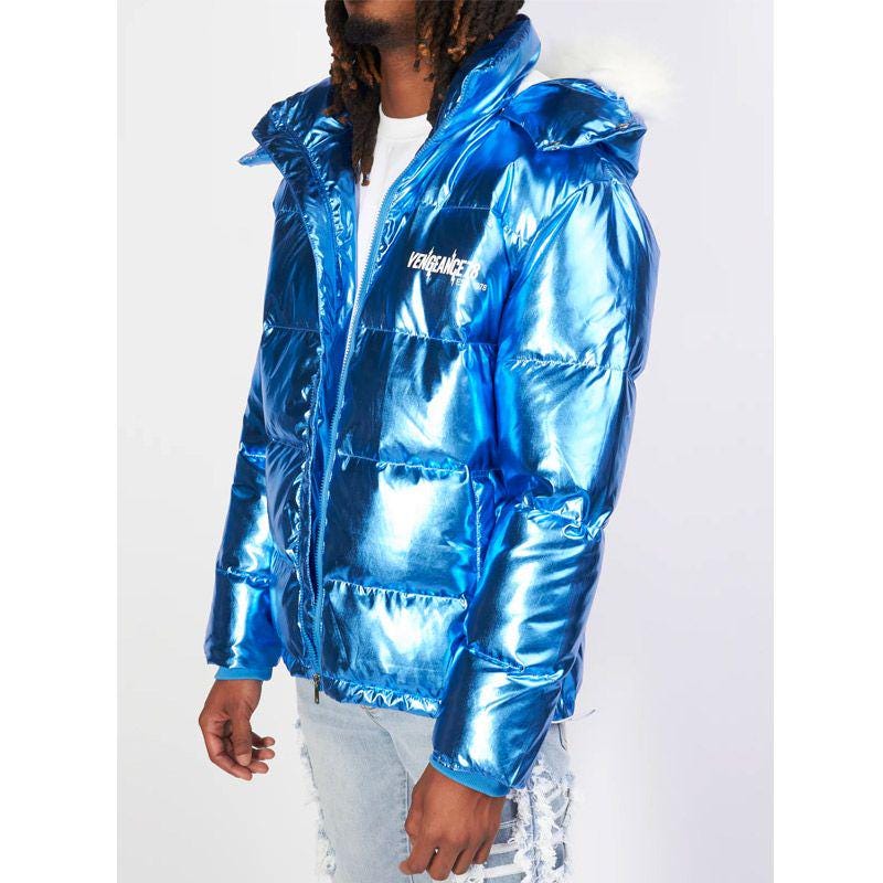 King Von メタリックブルー パファージャケット ファーフード付き 光沢 