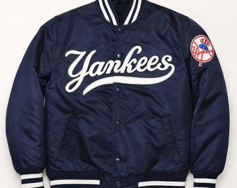 Vintage-Stil New York Baseball Satin Jacke – Navy Varsity Bomber Mantel – Winter Geschenk für Ihn – Weihnachten & Halloween Outfit