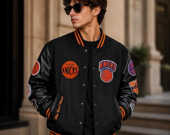 Kurtka New York Knicks Varsity na zamówienie | Kurtka bomberka z haftem vintage do koszykówki | Prezent retro dla fanów sportu | Prezent dla fana koszykówki