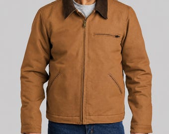 Men’s Brown Work Jacket Vintage Style Canvas Coat Rugged Zip Up Utility Jacket Distressed Western Farm Ranch Outerwear Gift for Him