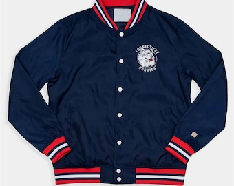 Kurtka bomberka w kolorze granatowo-czerwonym z satyny vintage | Płaszcz uniwersytecki w stylu uniwersyteckim | Moda uliczna w stylu retro lat 90. | Wyjątkowy prezent świąteczny dla niego