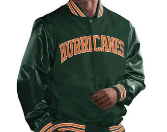 Vintage 90er Jahre Satin Bomber Jacke | College-Stil | Retro ECAA Geschenk | Miami Hurricanes Bomberjacke aus grünem Satin