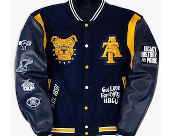Aggie Pride Varsity Jacke | HBCU Leggins Letterman Mantel | NCAT Bulldog gestickte Jacke Kundenspezifisches HBCU Geschenk | Wolle & Leder Bomberjacke Halloween