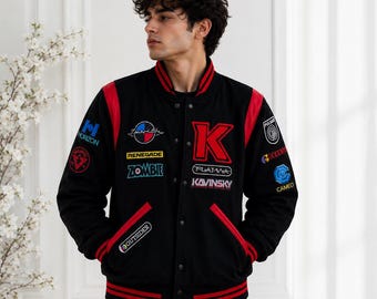 Kavinsky Reborn zwarte varsity-jas | Synthwave retro letterman bomberjack | Vintage patches rockmuziek kleding | Halloween cadeau | Cadeau voor je vriend