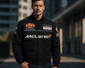 Kurtka wiatrówka w stylu vintage McLaren F1 Racing Bomber Jacket w kolorze czarnym, w stylu uniwersyteckim, z naszywkami zespołu Formuły 1 w stylu vintage | Prezent na odzież sportową w stylu motorsport
