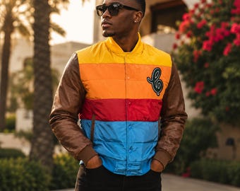 Retro Multi Color Puffer Jacket with Brown Leather Sleeves, Vintage 70s 80s Style Bomber, Colorblock Varsity Streetwear, Men Women Outerwear
