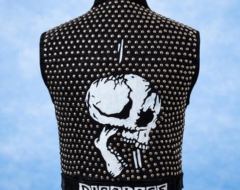 Chaleco de batalla punk con tachuelas - Chaqueta vaquera negra de Disclose & Blackgoat - Chaleco con parches metálicos Crust Punk - Chaleco de motociclista desgastado personalizado Varsity