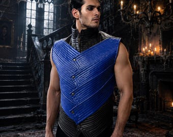 Gotisch leren vest voor heren, blauw gewatteerd harnaskorset, mouwloze cosplay-top, cyberpunk biker vest, darkwear LARP-outfit